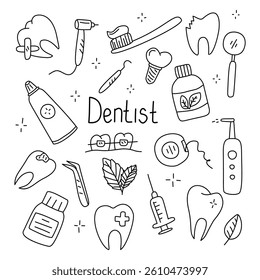 Dentistry set doodle illustration. Isolated on white background