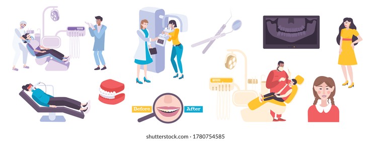 Zahnarztbesteck mit flachen Symbolen und isolierten Figuren von Zahnärzten mit Patienten und Zahnarztausrüstung, Vektorgrafik