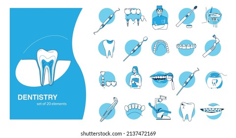 Dentistry set with flat isolated compositions of human mouth teeth with dental tools facilities and text vector illustration