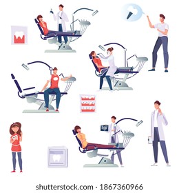 Conjunto de datos científicos de iconos aislados planos y personajes de dentistas en el trabajo con pacientes y suministros ilustraciones vectoriales