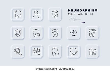 Dentistry set icon. teeth, tooth enamel, white smile, tooth structure, root, tick, magnifying glass, scheduled examination, clinic, cross, pill, crack, caries, whitening. Neomorphism. Vector line icon