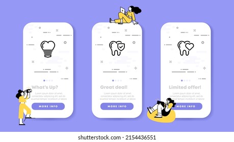 Dentistry set icon. Tooth with carving, heart, tick. Treatment, teeth whitening. Health care concept. UI phone app screens with people. Vector line icon for Business and Advertising