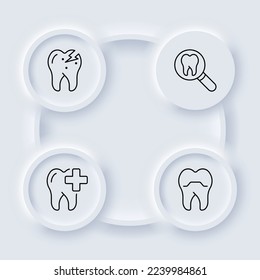 Dentistry set icon. Tooth, injection, anesthesia, root, gum, mouth, enamel, artificial limb, doctor, Dentist, xray prosthesis, examination, treatment, medicine. Health care concept. Neomorphism