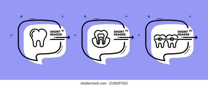 Dentistry set icon. Tooth, teeth, braces, treat, smooth, healthy, white, caries. Healthcare concept. Infographic timeline with icons and 3 steps. Vector line icon for Business and Advertising.