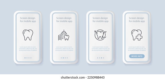 Dentistry set icon. Tooth, teeth enamel, dentist, treatment, prescription, hospital, white smile, caries. Stomatology concept. UI phone app screens. Vector line icon for Business and Advertising