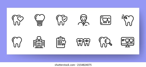 Dentistry set icon. Tooth, treatment, dentist, x-ray, braces, caries, health, doctor, etc. Health care concept. Vector line icon for Business and Advertising