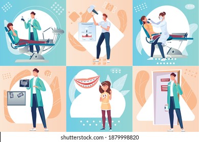 Dentistry set of square compositions with flat images of dental surgeons apparatus and characters of dentists vector illustration