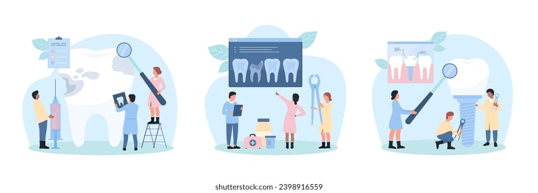 Ilustración vectorial del conjunto de la ciencia dental. Los caricaturistas diminutos dentistas tratan caries, la gente elimina dientes gigantes muertos o rotos malos, los médicos colocan prótesis dentales, implante artificial con corona y tornillo de titanio