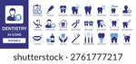 Dentistry solid vector glyph icon set featuring dental checkup, dental chair, tooth restoration, dental braces, white smile, tooth scanning, and oral care icons.