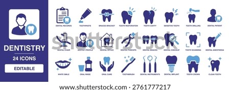 Dentistry solid vector glyph icon set featuring dental checkup, dental chair, tooth restoration, dental braces, white smile, tooth scanning, and oral care icons.