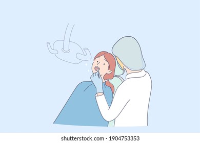 Dentistry and somatology concept. Woman dentist in working uniform and gloves making checkup for young girl patients teeth in medical dental clinic office vector illustration 