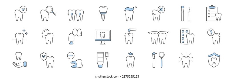 Zahnheilkunde und Stomatologie-Doodle-Symbole gesetzt. Lineare Vektorzeichen, Zahnpflege und Medizin Zähne, Spangen, Paste und Zahnbürste, Desktop mit Zahn, stomatologische Werkzeuge, Karies Behandlung, Mundgesundheit