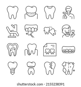 Odontología, íconos de estomatología.  Servicios de dentista, Atención odontológica profesional, tratamiento, limpieza y diagnóstico de enfermedades, recolección lineal de íconos. Línea con trazo editable