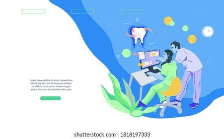 Dentistry and stomatology services website banner template with dentists modeling dental treatment process, flat vector illustration. Landing page for dental care and transplant or implant  of teeth.