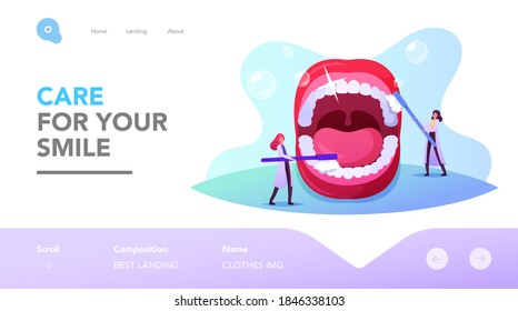 Zahnheilkunde, Zähne Reinigung Landing Page Template. Tiny Dentist Charakter pflegt riesige Zähne im offenen Mund mit Brush und Toothpaste. Karriereverhütung, Stomatologie. Vektorgrafik von Cartoon People