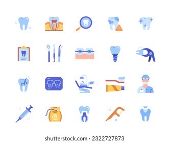 Dentistry and teeth icons. Color stickers with dental floss and brush, braces and medical supplies. Dentist, toothache and caries concept. Cartoon flat vector collection isolated on white background