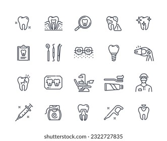 Zahnheilkunde und Zahnsymbole. Umrisskleber mit Flossen- und Zahnheilmitteln, Spangen und medizinischen Hilfsmitteln. Zahnärzte, Zahnschmerzen und Karies. Lineare, flache Vektorgrafik, einzeln auf weißem Hintergrund