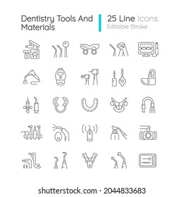 Herramientas de la industria dental y materiales juego de iconos lineales. Procedimientos dentales. Reparación dental, tratamiento. Símbolos de contorno de línea delgada personalizables. Ilustraciones aisladas del contorno vectorial. Trazo editable