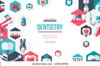 Dentistry tooth care creative banner. Vector illustration. Dental icons in hexagons. Healthy Clean Teeth. Dentist Tools and Equipment.