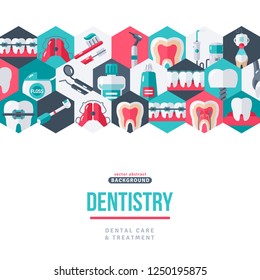 Dentistry tooth care creative banner. Vector illustration. Dental icons in hexagons, border on white background. Healthy Clean Teeth. Dentist Tools and Equipment.