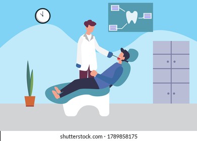 Dentistry vector concept: dentist examining his male patient's mouth in the dental clinic
