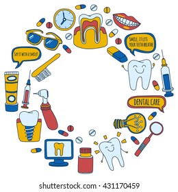 Dentistry Vector doodle set of icons Children dental care