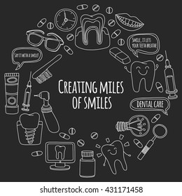 Dentistry Vector doodle set of icons Children dental care