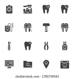 Dentistry vector icons set, modern solid symbol collection, filled style pictogram pack. Signs, logo illustration. Set includes icons as implant tooth, dental floss, mouthwash bottle, toothbrush