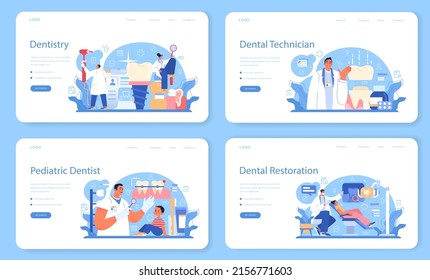 Dentistry web banner or landing page set. Dental doctor in uniform treating human teeth using medical equipment. Dental technician setting an implant or veneer. Flat vector illustration