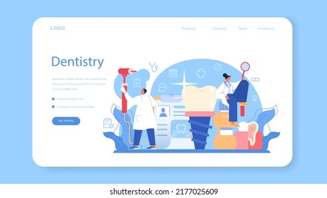 Dentistry web banner or landing page. Dental doctor in uniform treating human teeth using medical equipment. Dental technician setting an implant or veneer. Flat vector illustration