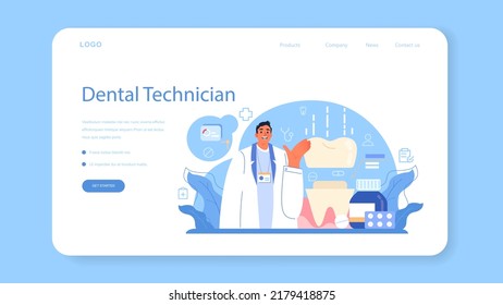 Dentistry web banner or landing page. Dental doctor in uniform treating human teeth using medical equipment. Dental technician setting an implant or veneer. Flat vector illustration