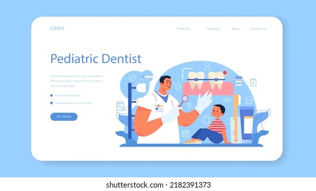 Dentistry web banner or landing page. Dental doctor in uniform treating human teeth using medical equipment. Dental technician setting an implant or veneer. Flat vector illustration