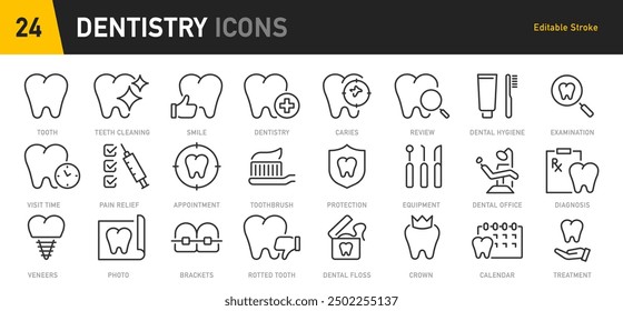 Dentistry web icon set in line style. Dentist, dental, dental treatment, prosthetics, teeth whitening, implant, braces, collection. Vector illustration.	