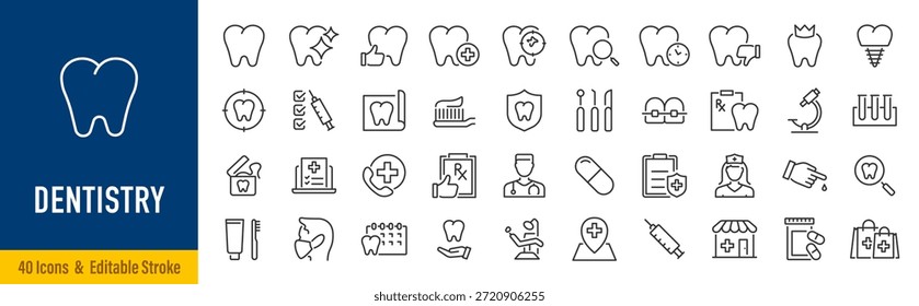 Ícone da Web de odontologia definido no estilo de linha. Dentista, dentário, tratamento dentário, próteses, clareamento dos dentes, implante, aparelho ortodôntico, coleta. Traçado editável. Ilustração vetorial.	