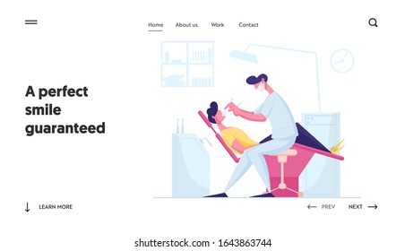 Dentistry Website Landing Page. Man Patient Lying in Medical Chair in Stomatologist Cabinet. Doctor Dentist Conducting Client Oral Check Up Treatment Web Page Banner. Cartoon Flat Vector Illustration