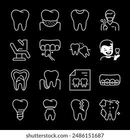 Zahnmedizin, weiße Linien-Icons. Professionelle zahnärztliche Versorgung, Behandlungen und Diagnostik. Ideal für Gesundheits- und Mundhygiene-Themen. Symbole auf schwarzem Hintergrund. Bearbeitbarer Strich.