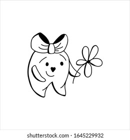 Dentistry.Cute tooth with a flower.Vector illustration of a  flat cartoon character,isolated on white background. Doodle for dental clinic,print on card,kid book,sticker,poster,brochure, banner