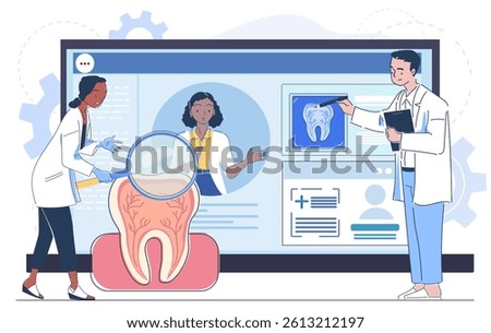 Dentists analyzing a tooth on a screen with digital tools, cartoon style, on white background. Concept of online dental consultation. Vector illustration