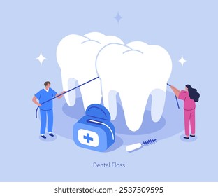 Dentistas cepillándose los dientes con hilo dental. Odontología, cuidado de la salud, limpieza de Plantilla de Anuncio. Higiene oral, cuidado de las encías, concepto de eliminación de bacterias de la cavidad. Ilustración vectorial isométrica plana.