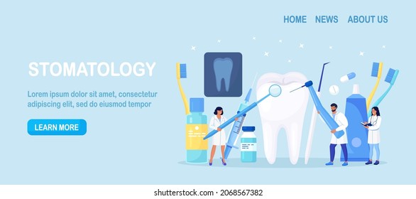 Dentists cleaning and treating big unhealthy tooth with caries cavity. Toothache. Stomatology, Dentistry concept. Doctors with professional instruments for check up and treatment. Dentist appointment