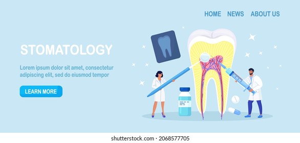 Dentists cleaning and treating big unhealthy tooth with caries cavity. Toothache. Stomatology, Dentistry concept. Doctors with professional instruments for check up and treatment. Dentist appointment