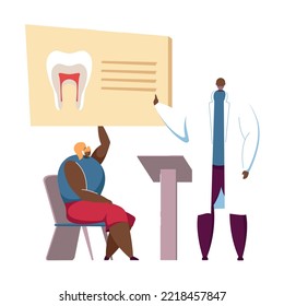 Dentists conference vector illustration. Doctor speaking before audience, giving lecture or seminar to college students in classroom