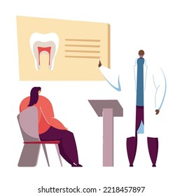 Dentists conference vector illustration. Doctor speaking before audience, students in classroom. For lecture, workshop, dentistry, education concept