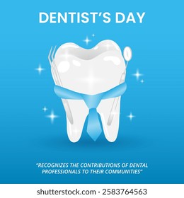 Dentist's Day background with a healthy tooth and tools