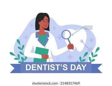 Dentists day concept. Girl looks at tooth with magnifying glass. Poster or banner for website, medicine and prevention of caries and diseases of dental cavity. Cartoon flat vector illustration