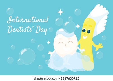 Dentist's Day greeting card. A cute little tooth with glasses and a face is smiling happily with a toothbrush. The baby has toothpaste on top and is covered in bubbles. 