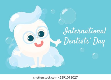 Dentist's Day greeting card. Little healthy baby tooth with toothpaste on top in soap bubbles. Tooth smiles happily and wears glasses. Character design. 