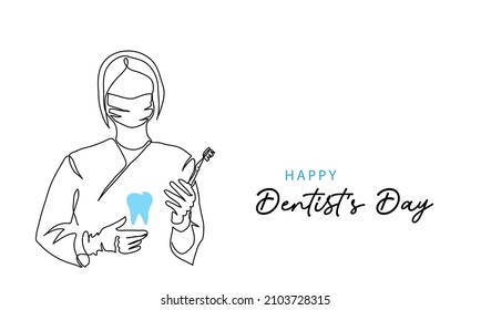 Dentists day simple vector illustration with doctor,tooth and toothbrush. One continuous line art drawing background, banner, poster for dentist day celebration.