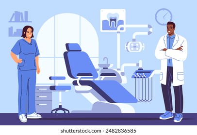 Dentistas en el consultorio dental. Los estomatólogos masculinos y femeninos proporcionan atención médica profesional a los pacientes, tratan las caries y el dolor de muelas. Medicina, asistencia sanitaria y tratamiento de enfermedades. Ilustración vectorial plana