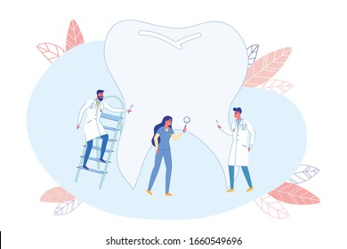 Dentists Discover Tooth Structure, Flat Banner. Experienced Doctors Stand near Huge Tooth. Girl Considers it through Magnifying Glass, another Doctor Uses Step Ladder, Guy Standing with Instrument.